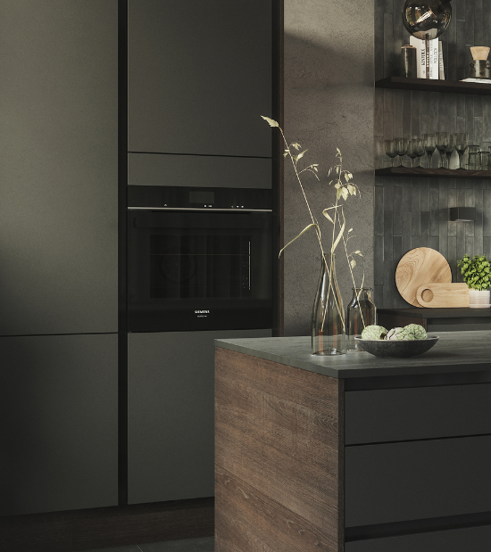 Et sort køkken fra Designas Silk kollektion med en sort Siemens ovn