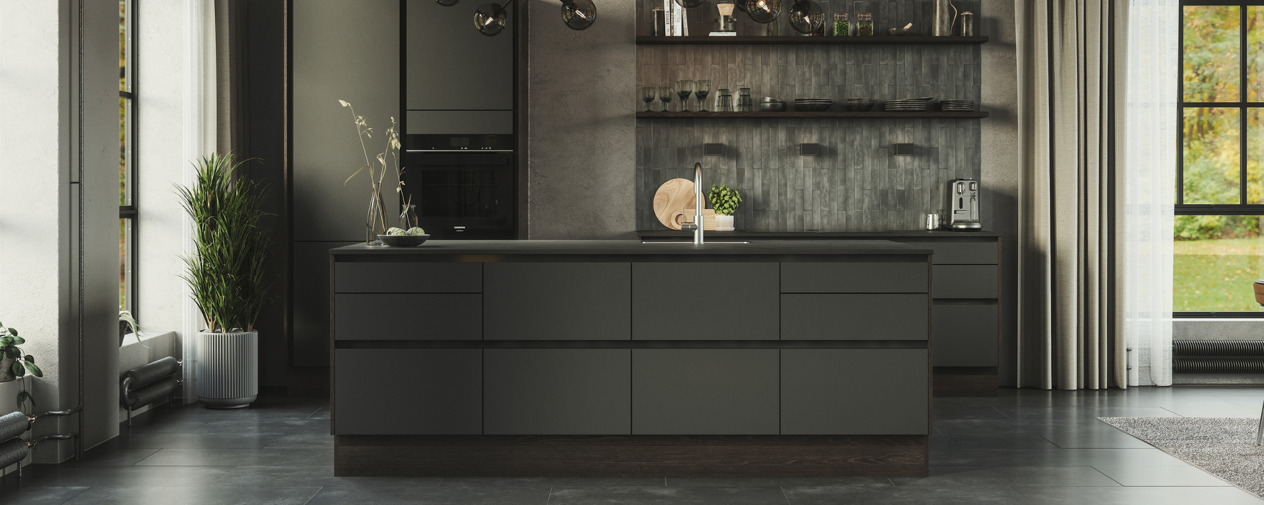 på billedet ses et sort køkken fra Designas silkkollektion med hvidevarer fra Siemens 