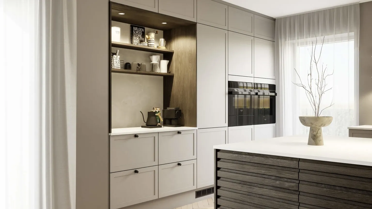 Classic by Designa køkken sand ramme kombineret med Nature by Designa i rustik mørk eg lameller