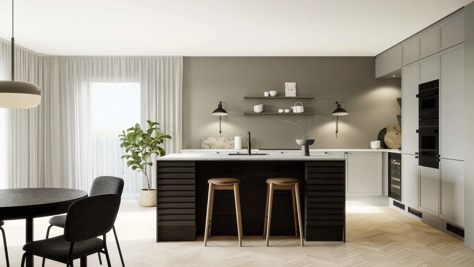 Classic by Designa køkken sand ramme kombineret med Nature by Designa i rustik mørk eg lameller