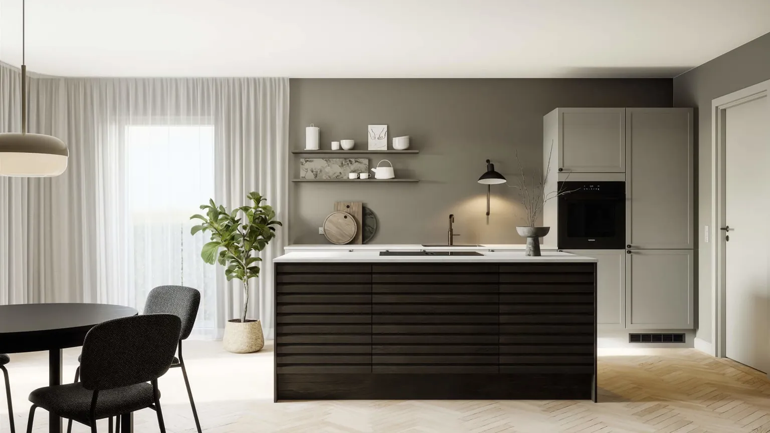 Classic by Designa køkken sand ramme kombineret med Nature by Designa i rustik mørk eg lameller