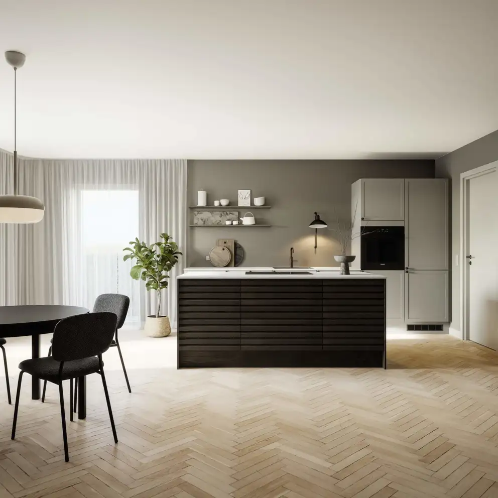 Classic by Designa køkken sand ramme kombineret med Nature by Designa i rustik mørk eg lameller