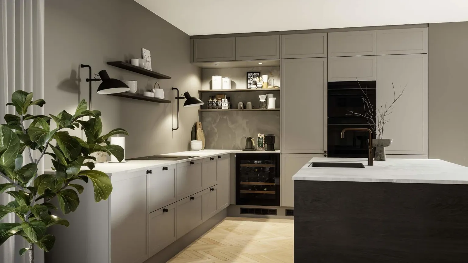 Classic by Designa køkken sand ramme kombineret med Nature by Designa i rustik mørk eg lameller