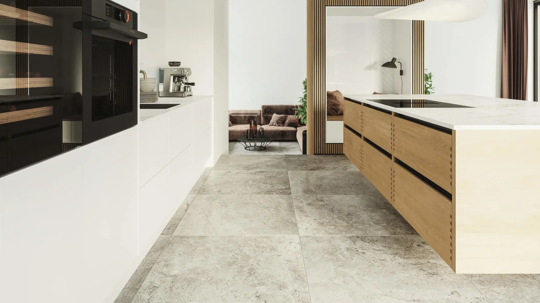 Silk by Designa køkken i hvid kombineret med Nature by Designa fingertappet